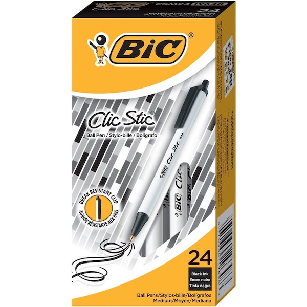 Clic Stic Pen, Medium Point, 24/BX, Black Ink/White Barrel PK